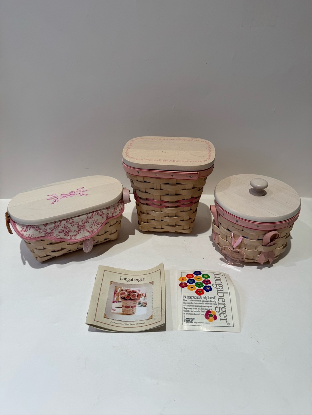 Longaberger Horizon of Hope Pink Basket Bundle Set w/ Lids, Liners & Booklet